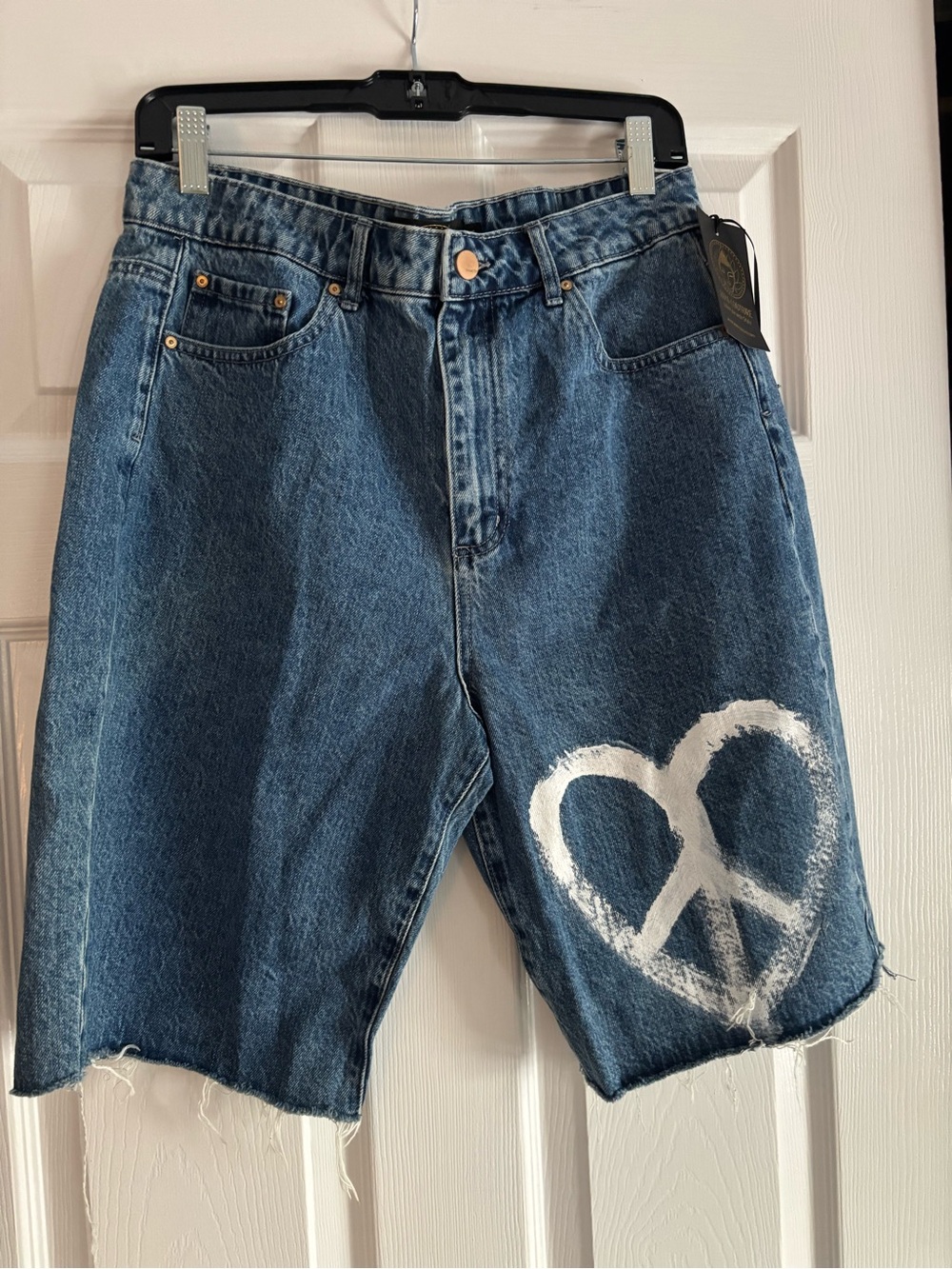 Hand-Painted Peace Heart Denim Cutoff Shorts